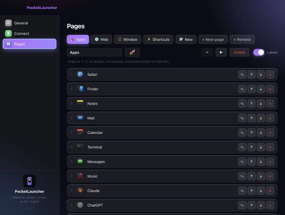 PocketLauncher on Mac showing pages and app tiles